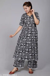 Black rayon Palazzo set, printed net three-quarter sleeve Kurta with matching bottomwear for women's M, L, XL, XXL Indian ethnic wear