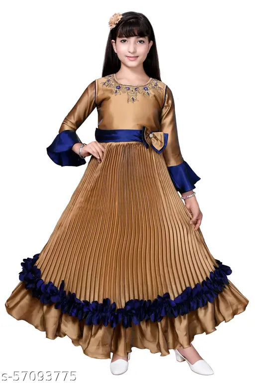 Multicolor poly silk ethnic gown for girls, embroidered net pattern. Comfortable and beautiful for ages 7-12 years, Indian designer clothing from M.B Fashion. Made with high-quality material, available in sizes 7-8, 8-9, 9-10, 10-11, 11-12, and 12-13 years. Origin: India