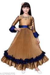 Multicolor poly silk ethnic gown for girls, embroidered net pattern. Comfortable and beautiful for ages 7-12 years, Indian designer clothing from M.B Fashion. Made with high-quality material, available in sizes 7-8, 8-9, 9-10, 10-11, 11-12, and 12-13 years. Origin: India