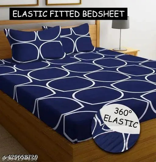 Blue round glace cotton fitted bedsheet with floral print, double queen size, includes 2 pillow covers. Premium, lightweight, and soft for summer use." (104 characters)