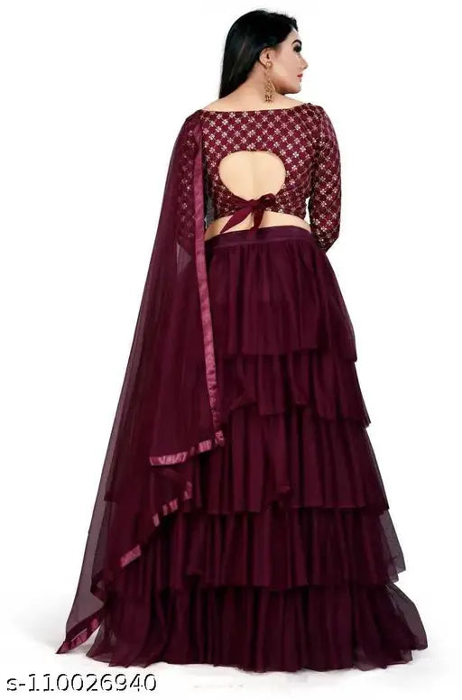 Maroon silk blend lehenga with net dupatta and ruffle bottom, Indian women's traditional party wear (free size, semi-stitched or unstitched)