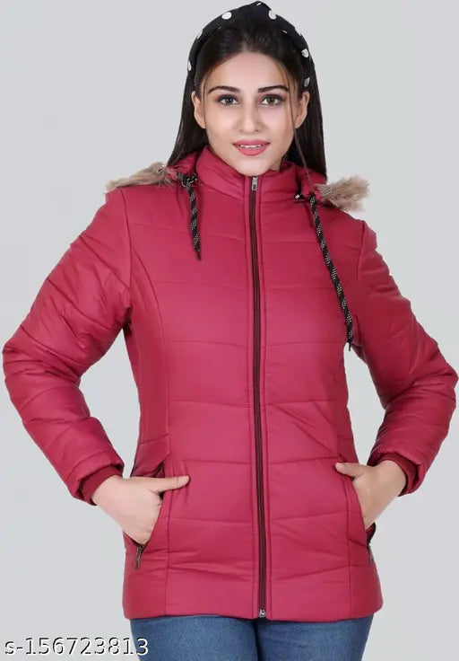 Maroon nylon Yaqr women's detachable hood jacket, lightweight and airproof for winter season