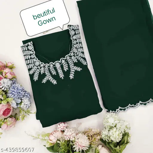 green Georgette Anarkali gown, solid color, long sleeves, floral embroidery, navel line detail, maxi length (52 inches), Indian fabric origin