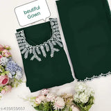 green Georgette Anarkali gown, solid color, long sleeves, floral embroidery, navel line detail, maxi length (52 inches), Indian fabric origin