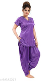 Purple satin dhoti top and patiala pants night suit, lace pattern, free size for women or girls, made in India
