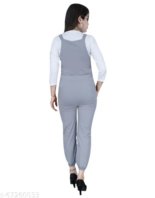 Grey cotton blend dungaree dress with adjustable shoulder straps and 3/4 sleeves, ankle length for girls