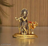 Metal Krishna with Cow Idol, handcrafted decorative showpiece for home or office gifting, gold-toned, size LBH65x55x9 cm