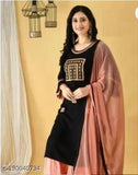 Rayon Banita Sensational Women's Kurta Set with Dupatta and Sharara, embroidered net, three-quarter sleeves. Single size M, L, XL, XXL available. Indian origin