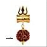 Gold brass Panch Mukhi Rudraksha Locket Trishul Damru, symbolizing Lord Shiva worship for power and prosperity in Hindu culture