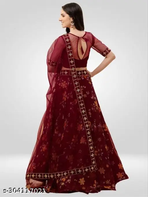 Trendy Drishya women's net lehenga set, embellished top with floral dupatta and semi-stitched in size 40m, India origin