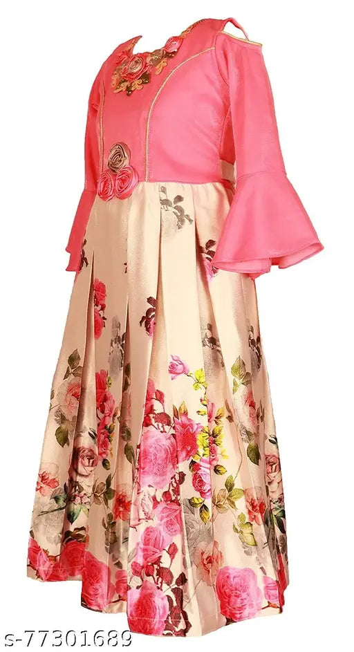 Pink satin frock dress for girls, single pack with long sleeves, printed net pattern, sizes 2-3yrs to 9-10yrs, Indian origin