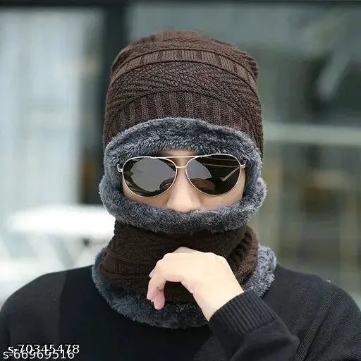 Winter wool scarf combo, 2-piece unisex set (India), thick elastic ring scarf & hat, skin-friendly acrylic & cotton, perfect for outdoor activities & daily wear