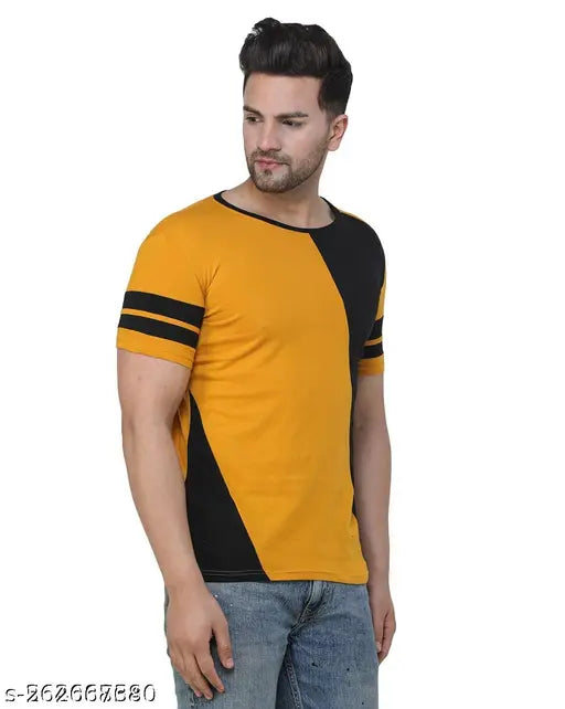 Classic Designer Men's Colorblocked Cotton Blend T-Shirt, short sleeves, available in sizes S, M, L, XL, XXL. On hanger with care instructions printed on neck label