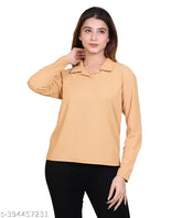 Women's solid cotton polo t-shirt with full sleeves, plain collar design. Sizes available: S (36in bust, 22in length), M (38in bust, 23in length), L (40in bust, 24in length). Made in India