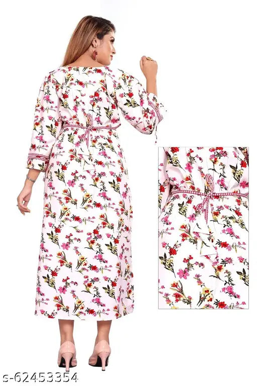 Trendy gathering white crepe kurti, printed combo, three-quarter sleeves, party wear midi dress - Indian fashion statement