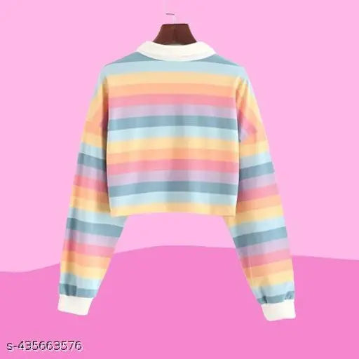 Korean Rainbow Color Splash Polo T-Shirt: Unleash your style with this chic pastel striped long sleeve t-shirt in blue, pink, yellow, and orange. Soft, breathable Lycra fabric ensures comfort all day long