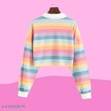 Korean Rainbow Color Splash Polo T-Shirt: Unleash your style with this chic pastel striped long sleeve t-shirt in blue, pink, yellow, and orange. Soft, breathable Lycra fabric ensures comfort all day long