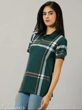 Green cotton blend printed polo t-shirt for women, casual and fashionable attire
