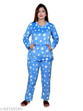 Blue woolen velvet pajama set for women, full sleeve, polka dot design, hand wash only