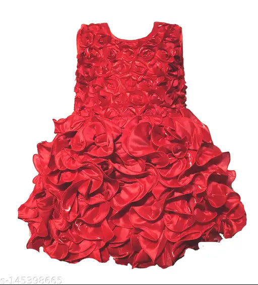 Red cotton-linen embellished net knee-length sleeveless wedding dress for baby girls, perfect party wear for special occasions
