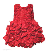 Red cotton-linen embellished net knee-length sleeveless wedding dress for baby girls, perfect party wear for special occasions
