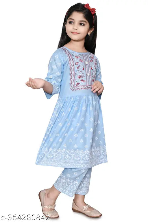 Girls Rayon Festive Party Kurta & Plazo Set, three-quarter sleeves, printed design, rayon fabric