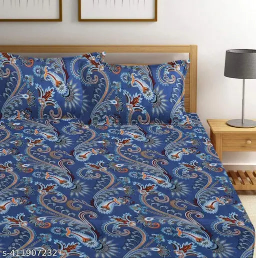 White floral printed super soft Glace cotton double bedsheet & 2 matching pillow covers, ideal for summer - Chimu S 240 TC