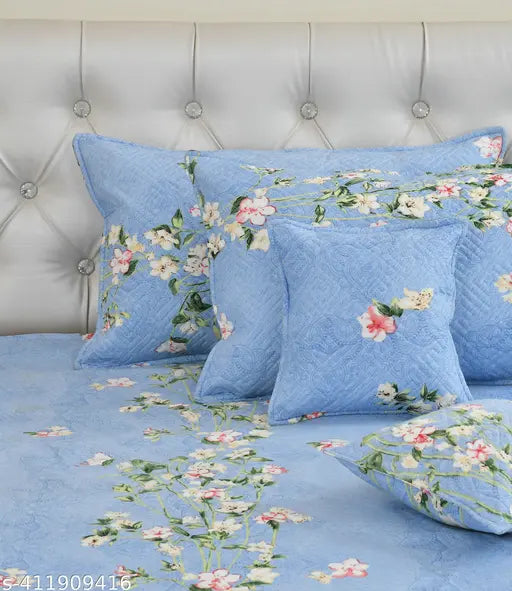 King-size cotton geometric floral bedsheet set with 2 pillow covers & 2 quilted cushions fillers, ideal for summer (India origin)