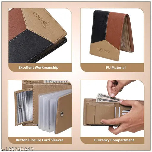 Stylish faux leather wallet, durable cloth-lined, colorblock design for men's essentials