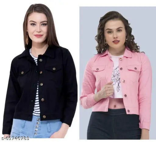 Black denim pink jacket, stylish women's long-sleeve combo jacket from India (size S, bust 34in, length 20in)