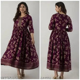 Rayon printed anarkali gown with three-quarter sleeves. Good quality Indian fashion for women