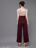 Maroon embellished polyester jumpsuit with front slit and fringe, XS-XL sizes available
