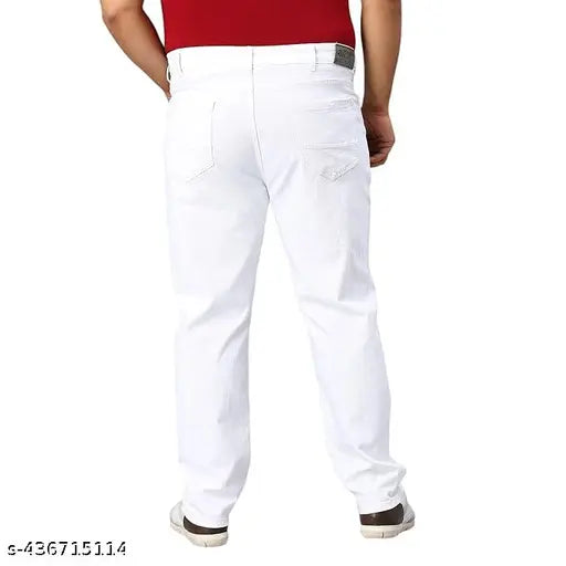White cotton blend plus-size slim fit jeans for men, perfect for casual and office wear. Available in sizes 28, 30, 32, 34 (Waist 34", Length 39", Hip 40"). Premium white denim jeans made in India