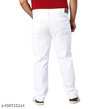 White cotton blend plus-size slim fit jeans for men, perfect for casual and office wear. Available in sizes 28, 30, 32, 34 (Waist 34", Length 39", Hip 40"). Premium white denim jeans made in India