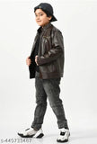 Faux leather kids winter jacket, solid pattern, long sleeves, perfect for cool weather adventures
