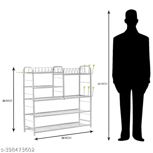 Stainless steel kitchen organizer, 5-shelf wall mount with plate and cutlery stand, 30L x 30H inches upper plate, modular storage rack