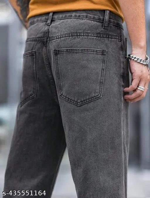 Cotton blend, mid-rise, distressed baggy fit jeans for men. Solid color, diagonal pocket, stretchable, ideal for western wear. Size 30 (Waist: 31in, Length: 41in, Hip: 39in)