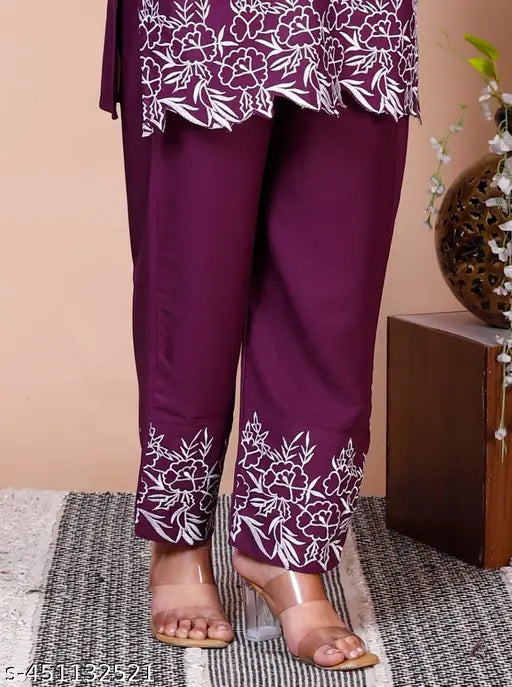 Purple rayon floral yoke design straight kurta with trouser, three-quarter sleeves, latest Indian fashion wear