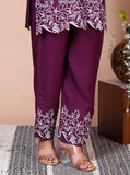Purple rayon floral yoke design straight kurta with trouser, three-quarter sleeves, latest Indian fashion wear