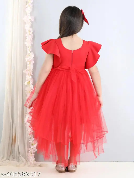 Red net high-low girls party dress, toy balloon design, sizes 2-12 years