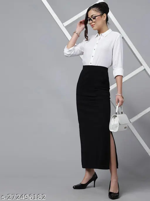 Black polyester net formal A-line long skirt for women, size 28 (waist 28in, length 36in) or equivalent, made in India