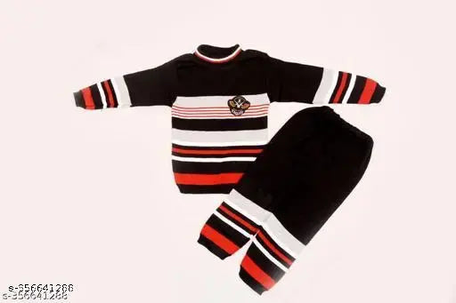 Boys striped wool sweater set, warm and stylish winter wear for toddlers aged 6 months to 5 years. Black with red and white stripes, full sleeves, elastic waistband