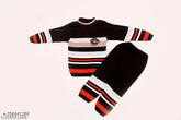 Boys striped wool sweater set, warm and stylish winter wear for toddlers aged 6 months to 5 years. Black with red and white stripes, full sleeves, elastic waistband