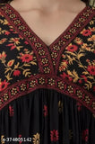 New designer floral printed black rayon Anarkali kurti for women's ethnic wear party gown. Vibrant print, three-quarter sleeves, first wash with salt water