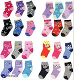 Cotton baby socks pack of 12 with adorable cartoon designs and bright colors, suitable for boys and girls from 0-21 months. Made in India (93% cotton, 5% polyester, 2% elastane)