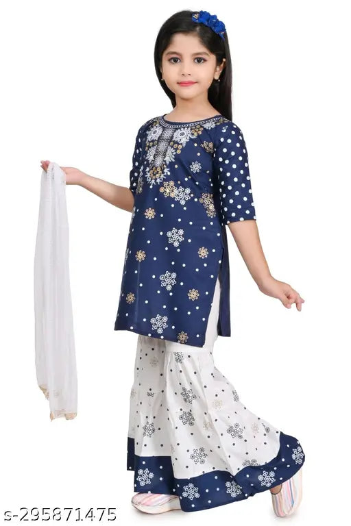 Stylish rayon kids kurta Palazzo set with printed A-line tops and palazzos, three-quarter sleeves. Sizes: 3-4Y, 4-5Y, 5-6Y, 6-7Y, 7-8Y, 8-9Y, 9-10Y, 10-11Y, 11-12Y. Made in India