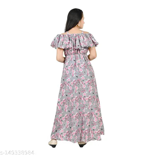 Printed crepe long dress for 10-11 years old girl, stylish floral design, off-shoulder fit and flare style