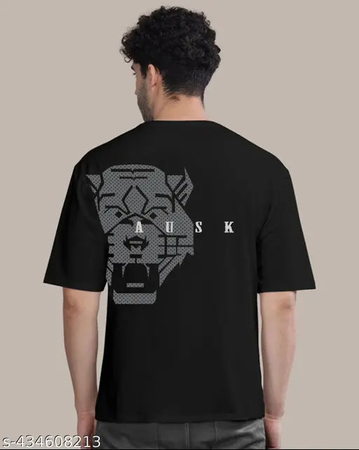 Black cotton round-neck oversized t-shirt with typography print, suitable for men's daily wear, gym, yoga, or casual events. Made in India." (97 characters)