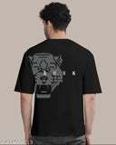 Black cotton round-neck oversized t-shirt with typography print, suitable for men's daily wear, gym, yoga, or casual events. Made in India." (97 characters)