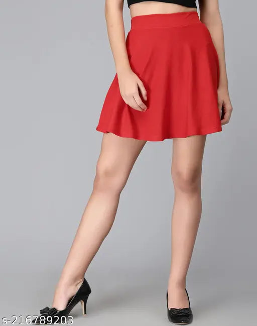 Red solid polyester A-line skirt for women, full elasticated waistband with Aline hem - size 28 or 32 - perfect for sportswear and party wear from Selvia, made in India